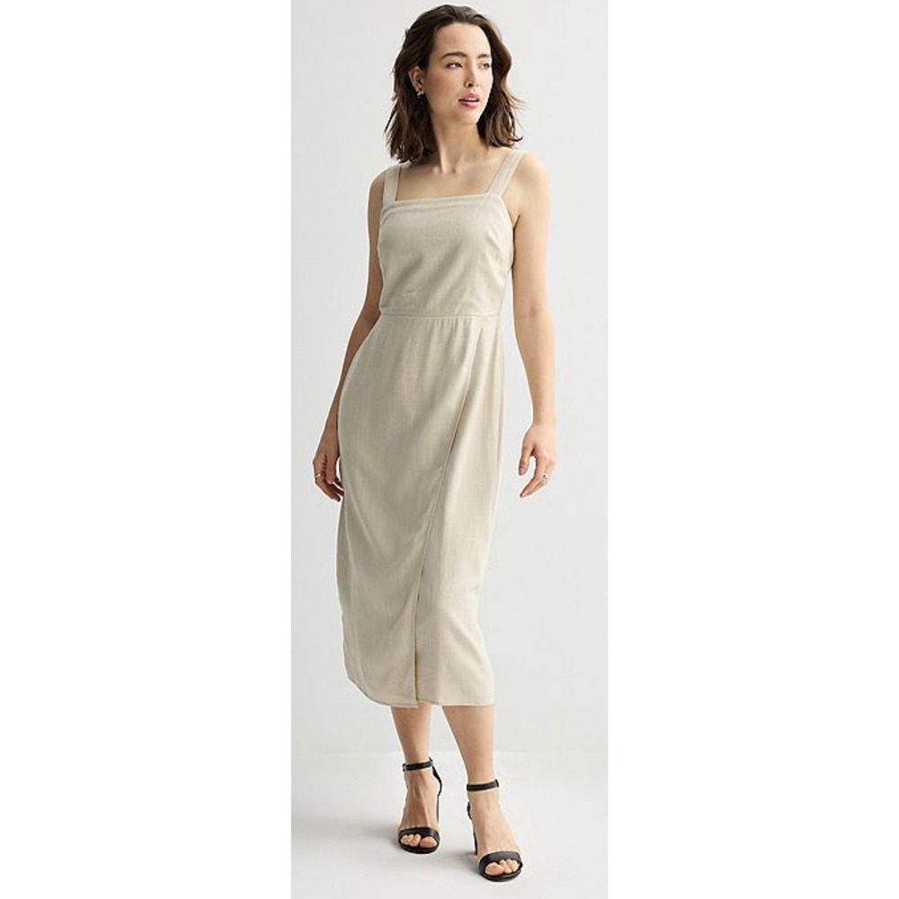 Nine West Womens Midi Overlay Dress Inca Beige XXL Square Neck Linen Look